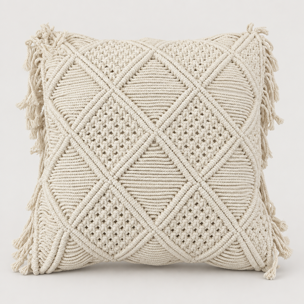 Bohemian Bliss macrame cushion with diamond knot pattern, Style 1, 45 × 45 cm