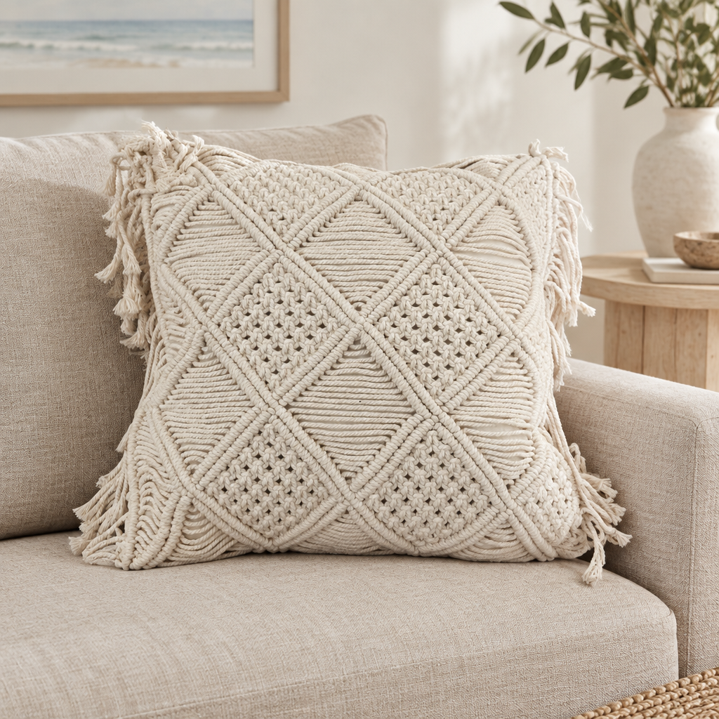 Handwoven macrame cushion cover styled on an oatmeal linen sofa