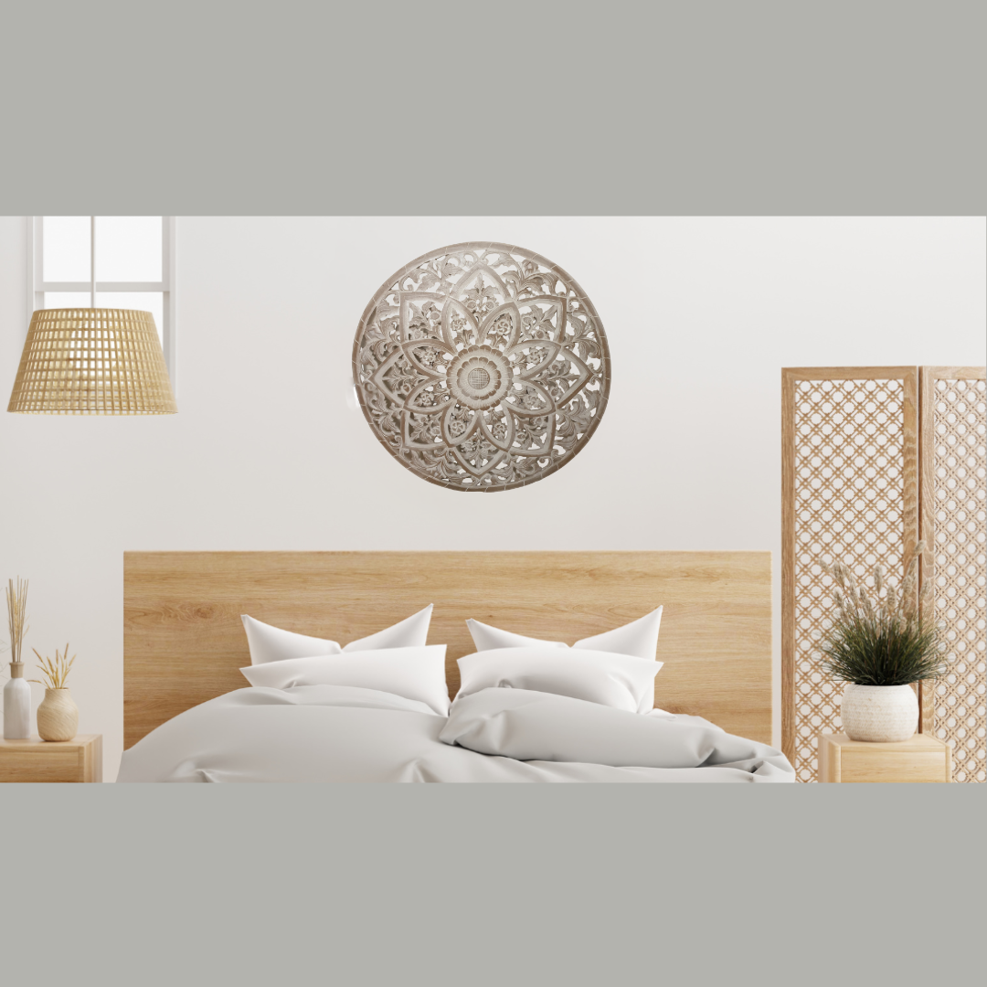 Bedroom with wooden headboard, decorative wall art, and plants.