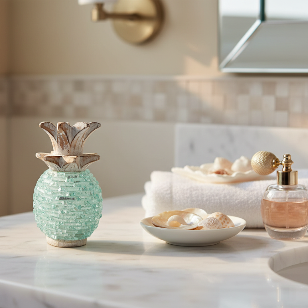 Small Boho Glass Pineapple Décor styled as a delicate accent on a white marble bathroom vanity, alongside a ceramic dish with pearl accessories, a folded white linen hand towel and a glass perfume bottle — handcrafted aqua sea-glass tropical boho tabletop sculpture by Azure Decor