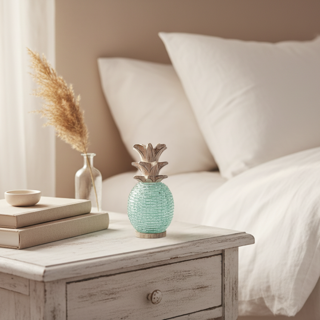 Small Boho Glass Pineapple Décor in aqua sea-glass with whitewashed carved wooden leaf top, styled as a charming bedside accent on a coastal boho bedroom nightstand alongside a stack of books, a ceramic dish and a dried stem in a bud vase — handcrafted tropical boho tabletop sculpture by Azure Decor