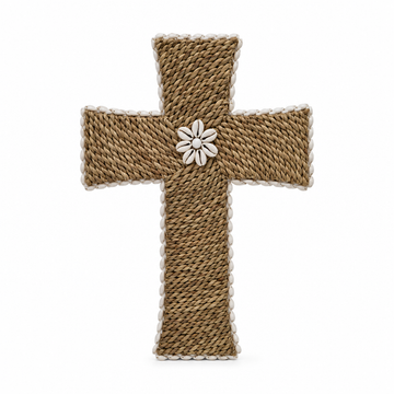 Boho Serenity Cross Wall Art with natural jute rope, shell edging and a central shell flower on a white background