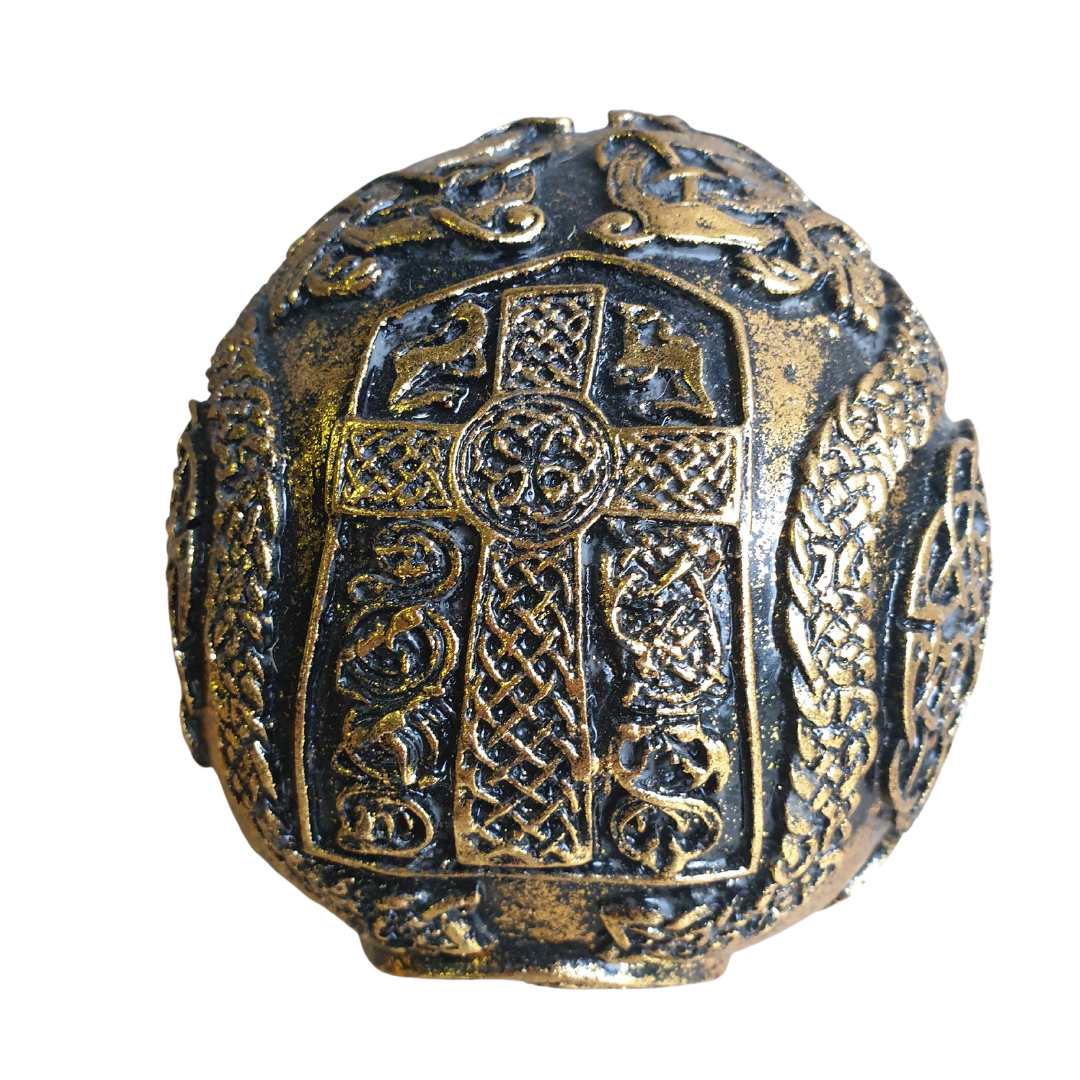 Top and back view of Boho Skull Art Tabletop Design in Gold, revealing an intricate Celtic cross and knotwork pattern across the crown of the handcrafted resin skull, tabletop décor piece by Azure Decor
