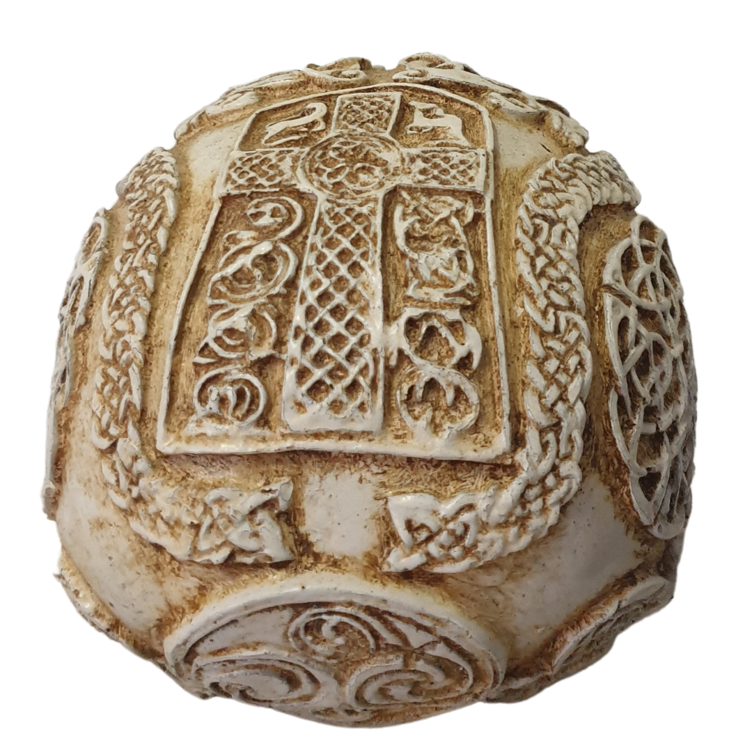 Top and back view of Boho Skull Art Tabletop Design in White/Cream, revealing a detailed Celtic cross, knotwork panels and serpent motifs across the crown of the handcrafted resin skull, tabletop décor piece by Azure Decor
