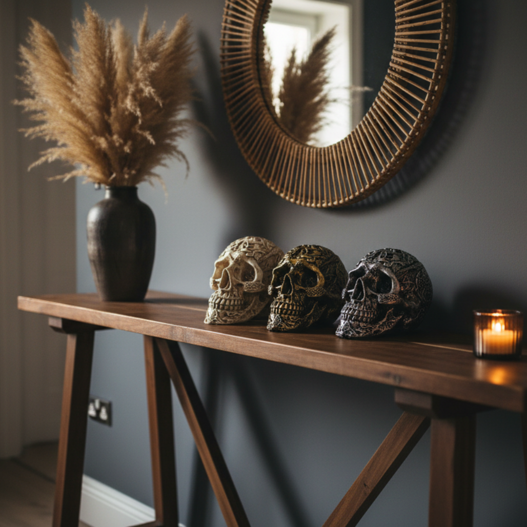 Boho Skull Art Tabletop Design shown in all three colours — White/Cream, Gold, and Silver — handcrafted resin human skulls with intricate Celtic knotwork detailing, 17cm x 12cm x 11cm tabletop décor pieces by Azure Decor