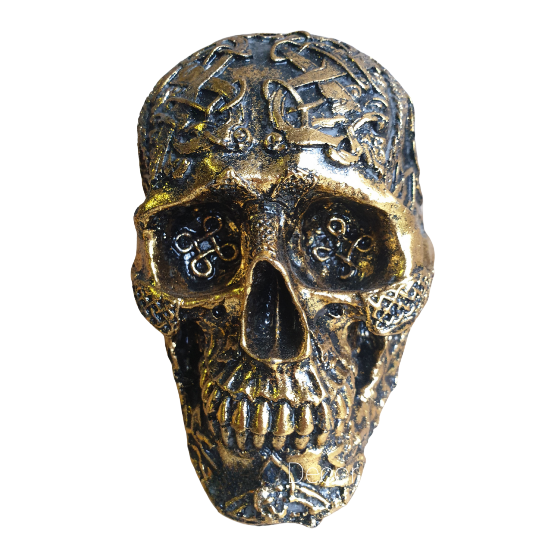 Close-up of Boho Skull Art Tabletop Design in Gold, showcasing the intricate Celtic knotwork and raised detailing across the handcrafted resin surface, 17cm x 12cm x 11cm tabletop décor piece by Azure Decor