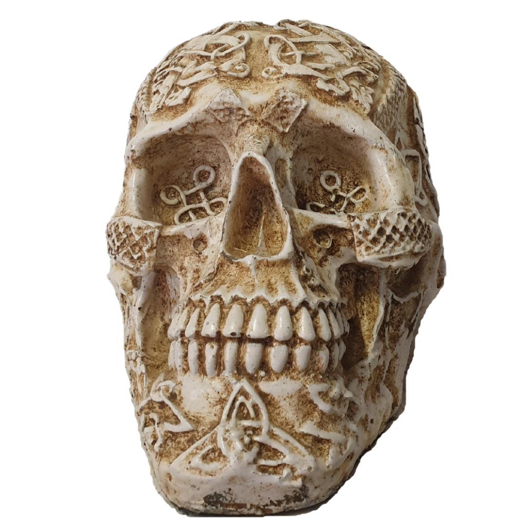 Close-up front view of Boho Skull Art Tabletop Design in White/Cream, showcasing intricate Celtic knotwork, triquetra and raised symbol detailing across the handcrafted resin surface, 17cm x 12cm x 11cm tabletop décor piece by Azure Decor