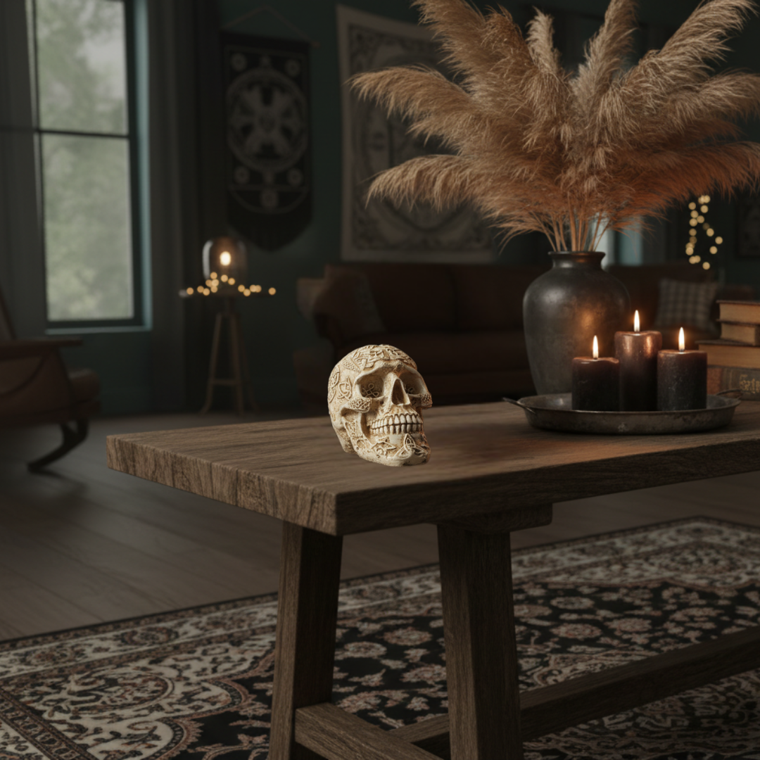 Boho Skull Art Tabletop Design in White/Cream styled on a dark timber console table in a moody bohemian living room, surrounded by black pillar candles, dried pampas grass and vintage books — handcrafted Celtic knotwork resin skull décor piece by Azure Decor
