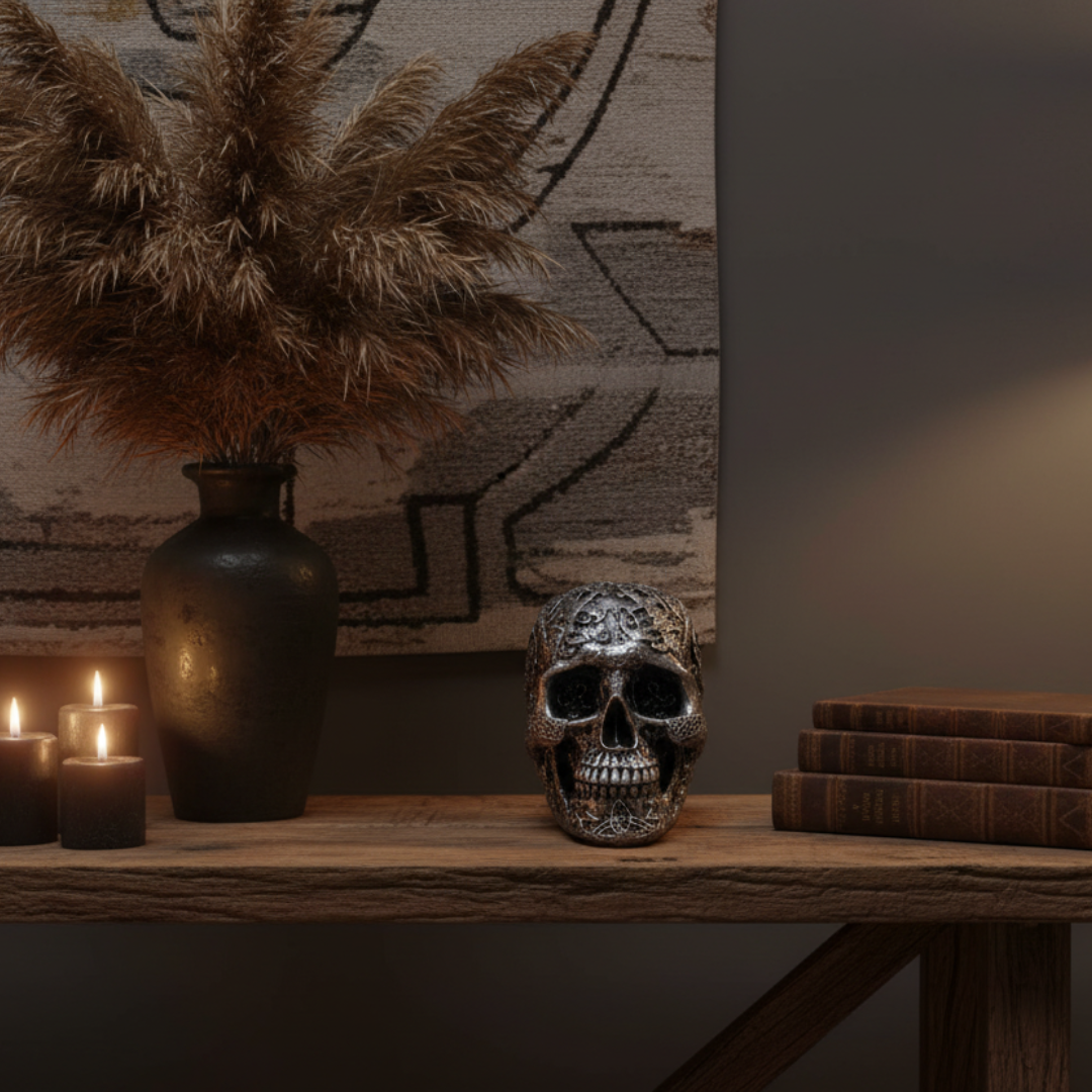 Front view of Boho Skull Art Tabletop Design in Silver, showcasing deep-set eye sockets and intricate Celtic knotwork and symbol detailing across the handcrafted resin surface, 17cm x 12cm x 11cm tabletop décor piece by Azure Decor