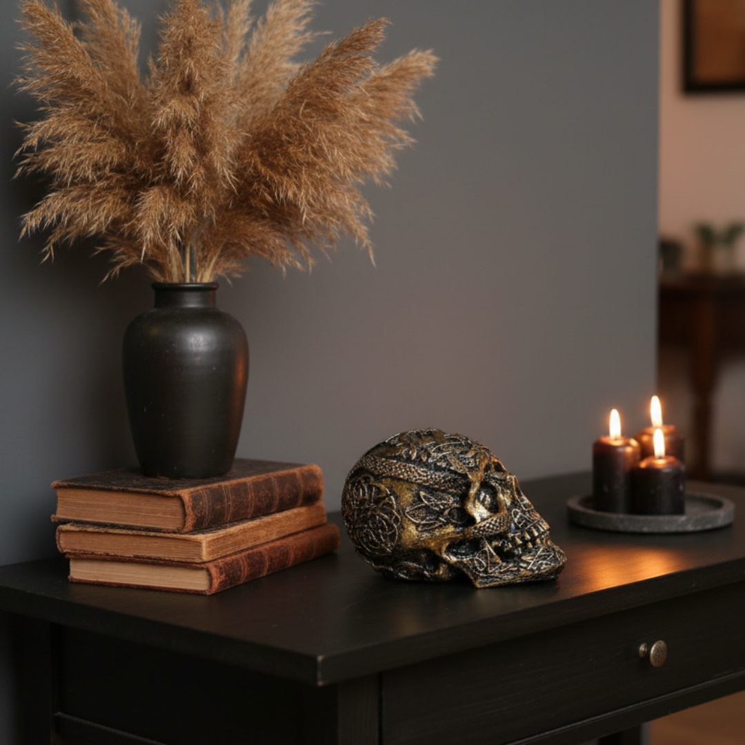 Boho Skull Art Tabletop Design in Gold styled on a dark timber console table in a moody bohemian living room, surrounded by black pillar candles, dried pampas grass and vintage books — handcrafted Celtic knotwork resin skull décor piece by Azure Decor