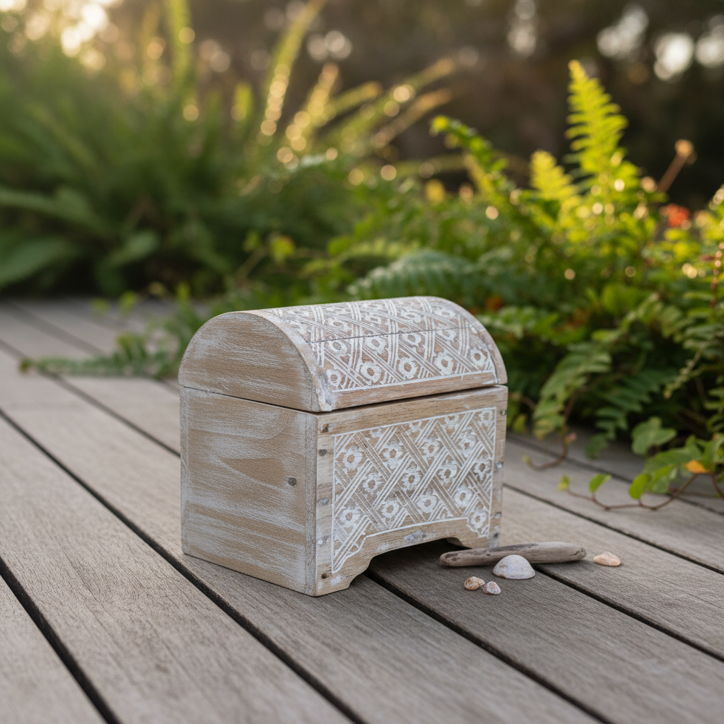 White wash carved wooden chest on a timber deck surrounded by driftwood and small shells, lush garden in the background