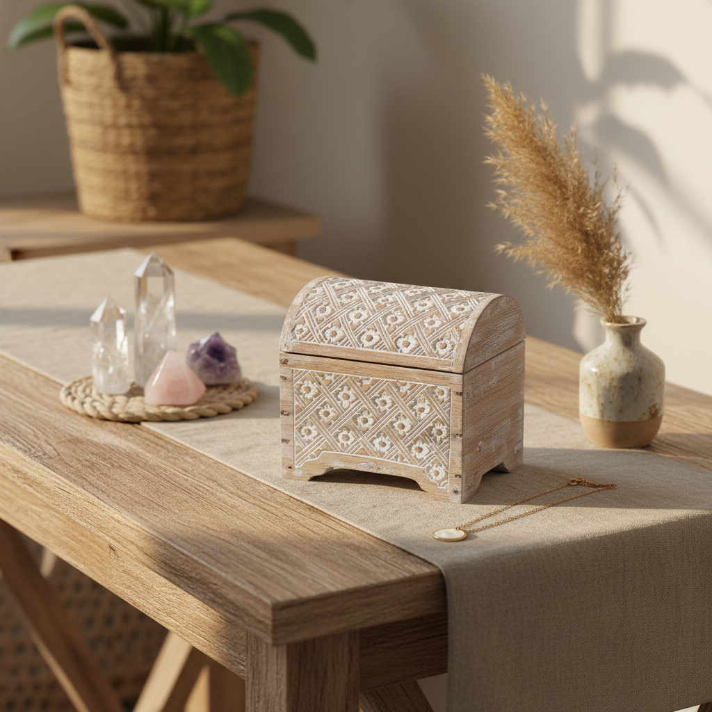 white wash carved wooden chest on a dressing table with crystals, pampas grass and a gold necklace in warm earthy tones

