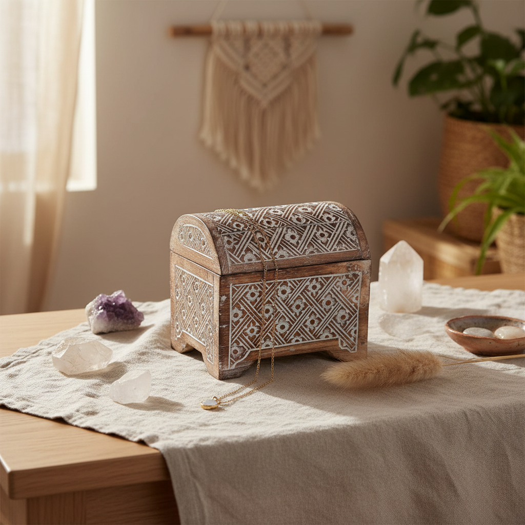  Brown wash, tabletop with crystals and necklace Boho Trinket Chest Storage Box in brown wash styled on a linen table runner with amethyst, quartz crystal and a gold necklace