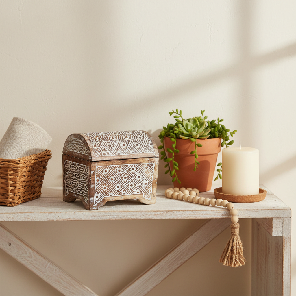 brown wash carved wooden chest on a white shelf styled with a rattan basket, terracotta succulent pot, pillar candle and wooden bead garland