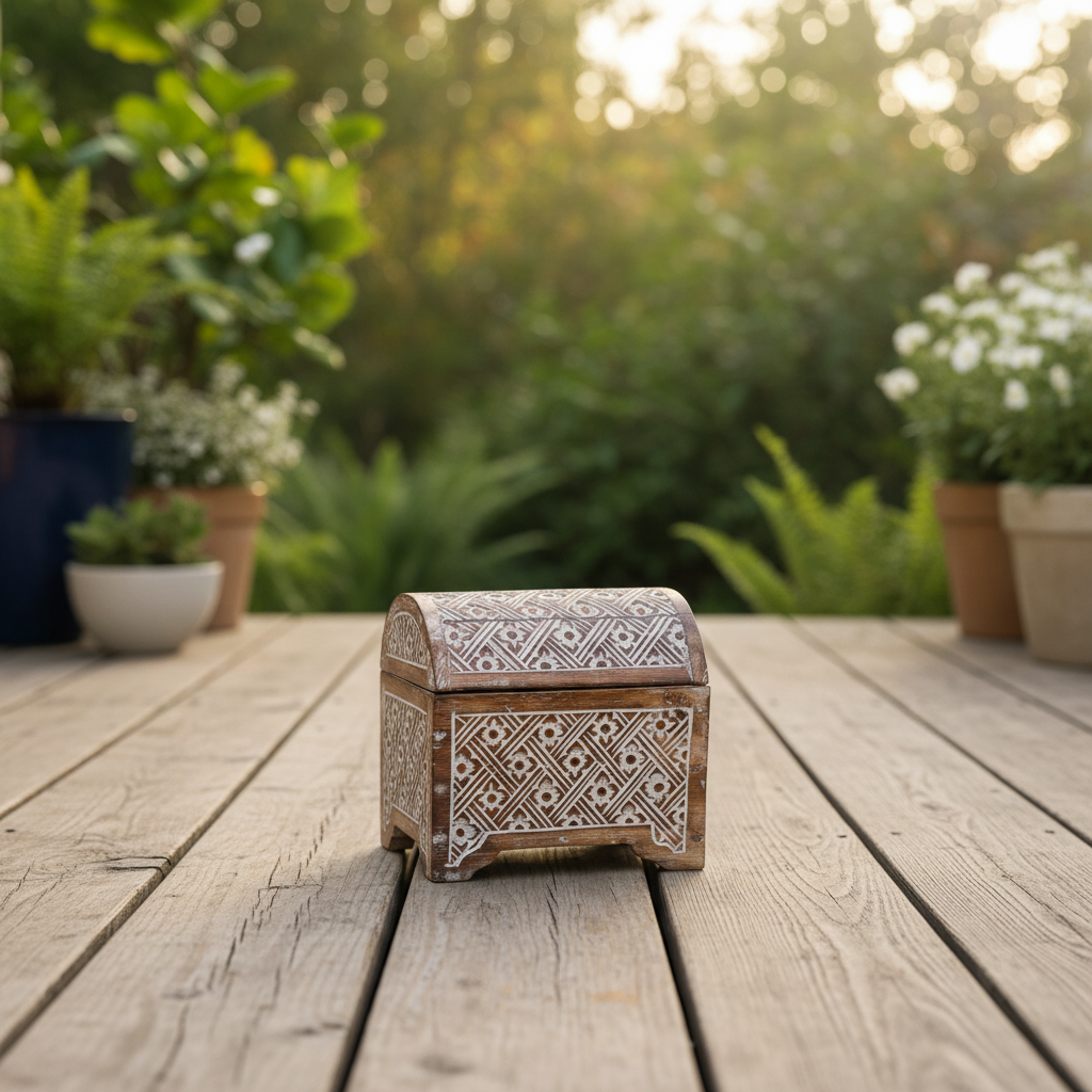 Decorative wooden box with geometric patterns on a wooden deck with plants in the background