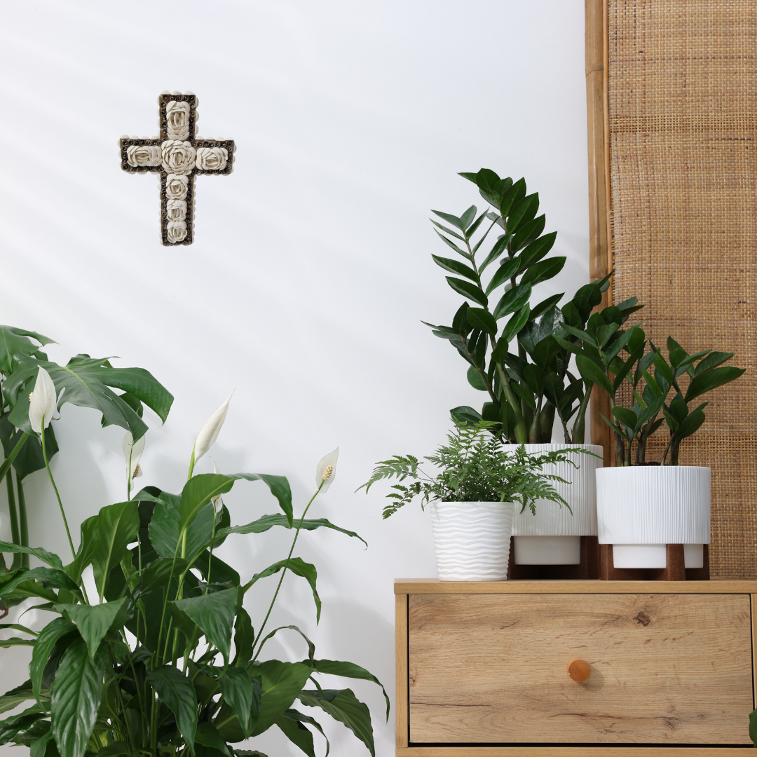 Room interior with plants, a wooden dresser, and decorative items.