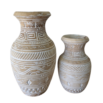Two boho wooden natural wash pots with hand carved tribal carvings and natural matte finish — large and small sizes shown together — reclaimed timber decorative pots for dry floral arrangements by Azure Decor