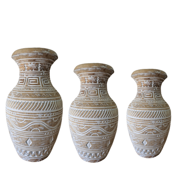 Set of three boho wooden natural wash pots in large, medium and small sizes, with hand carved tribal carvings and natural matte white wash finish — reclaimed timber decorative pots for dry floral arrangements by Azure Decor