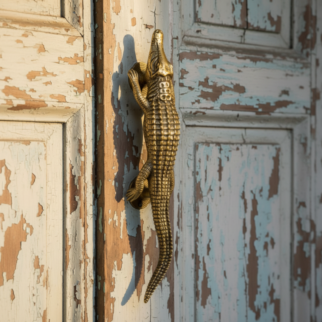 Brass crocodile door handle mounted on a distressed painted wooden door.