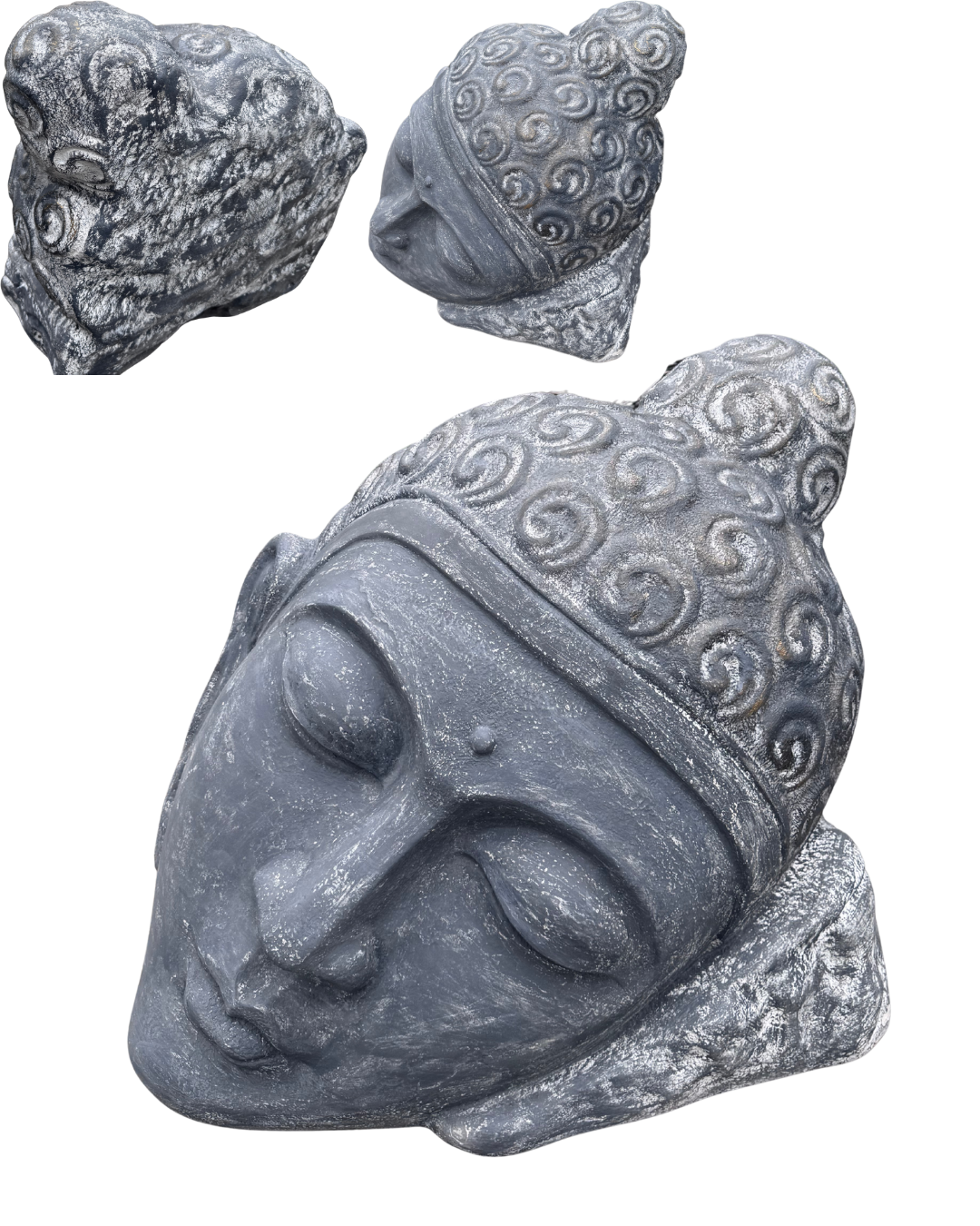 buddha head statue frontal view back view and side view on white background