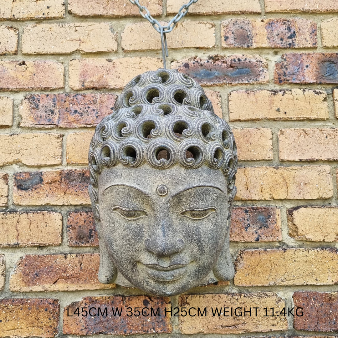 set on a brick wall, the buddha face with typed weignht and size 