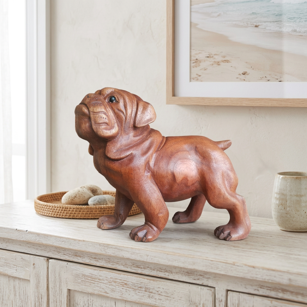 Warm brown figure on a whitewashed sideboard beside a woven tray of stones and a cream ceramic vessel, beneath framed beach artwork