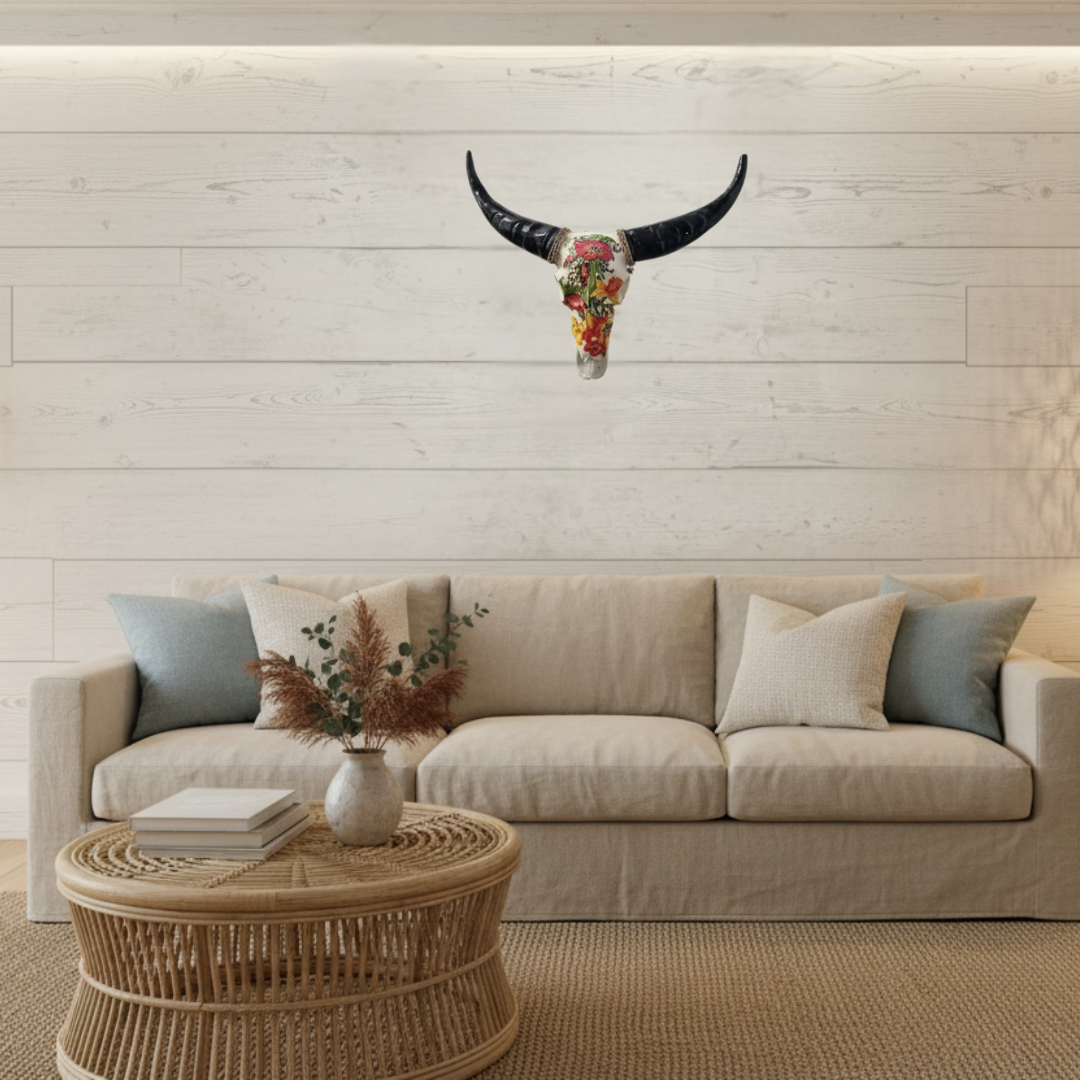 Floral resin bull skull wall decor with vibrant red, orange and yellow mixed blooms and black horns, 45×45cm, mounted above a linen sofa on a whitewashed timber feature wall in a coastal boho living room