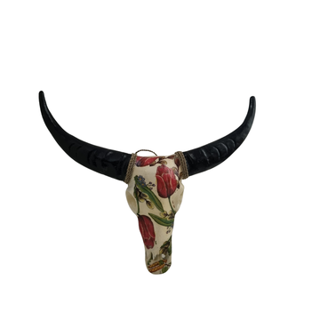 Resin bull skull wall decor with red tulip and botanical floral decal design and black horns with jute rope — boho wall art
