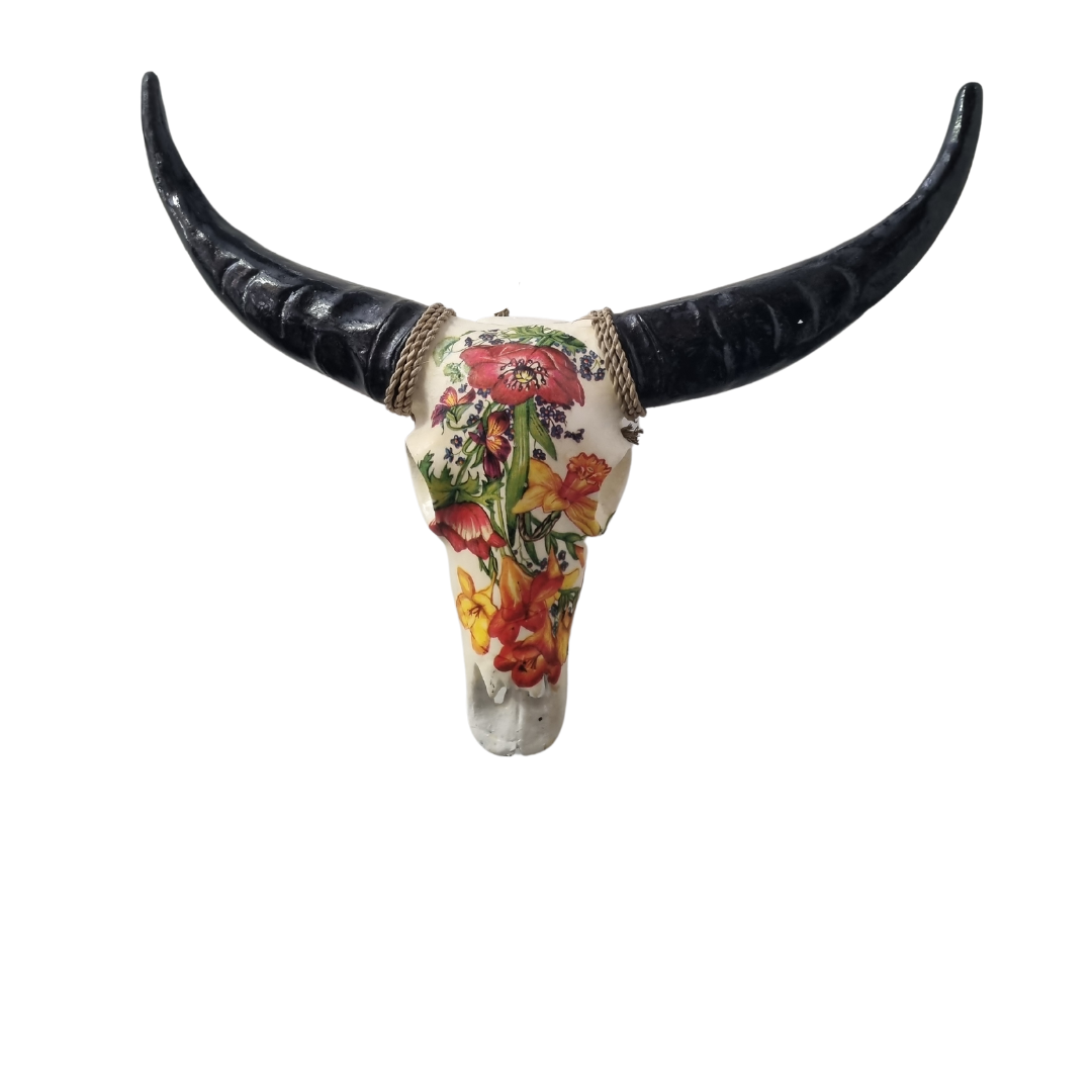Resin bull skull wall decor with vibrant red, orange and yellow mixed floral decal design and black horns with jute rope, 40×40cm overall, face 25cm — boho wall art 