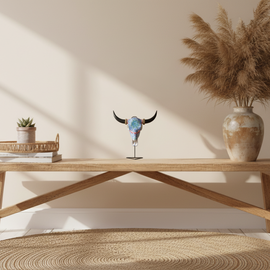 Azure Mandala Bull Skull on a Azure Mandala Bull Skull on a wooden console in a warm boho interior with natural textures and soft lighting wooden console in a warm boho interior with natural textures and soft lighting