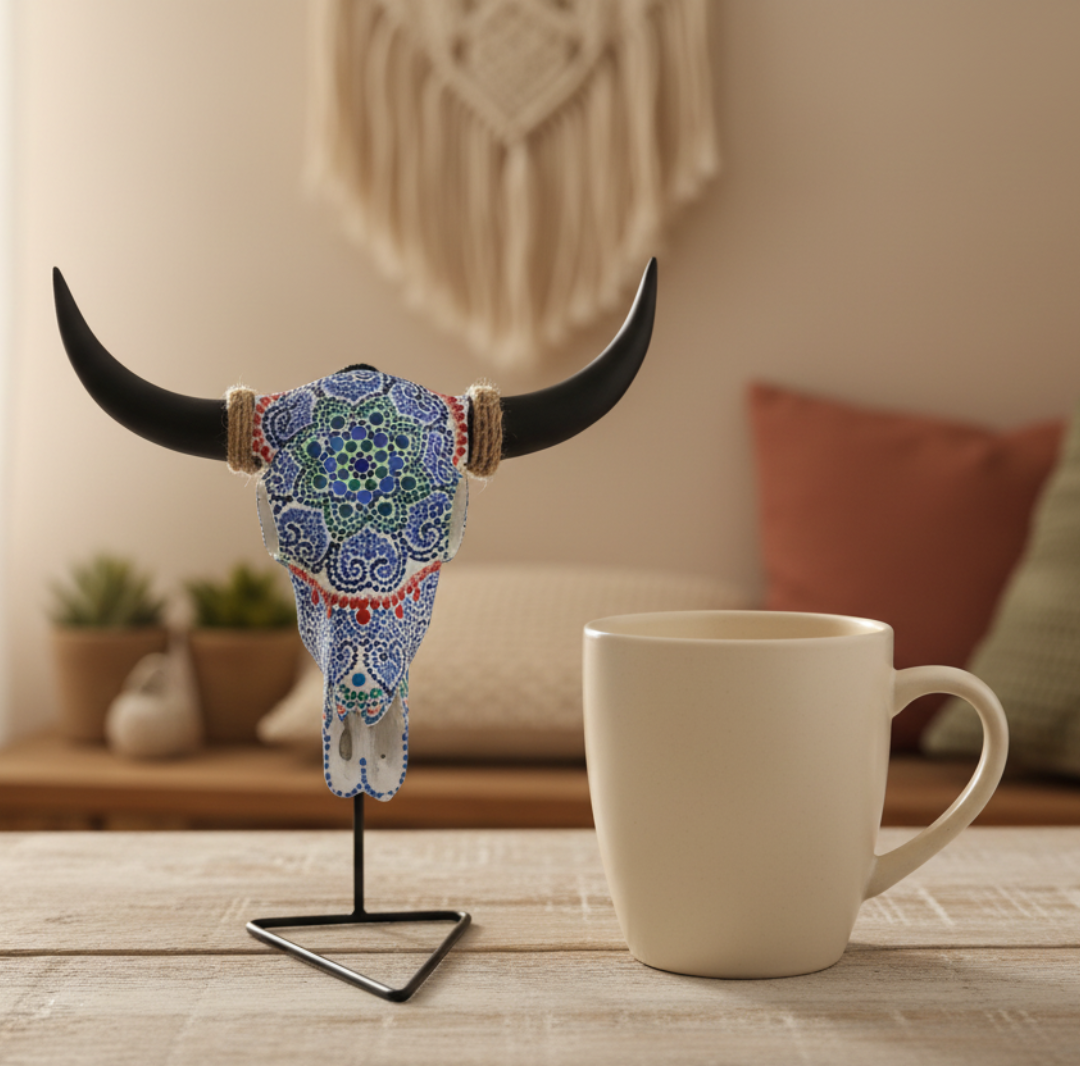 Decorative cow skull with colorful patterns on a stand next to a white mug on a wooden surface.