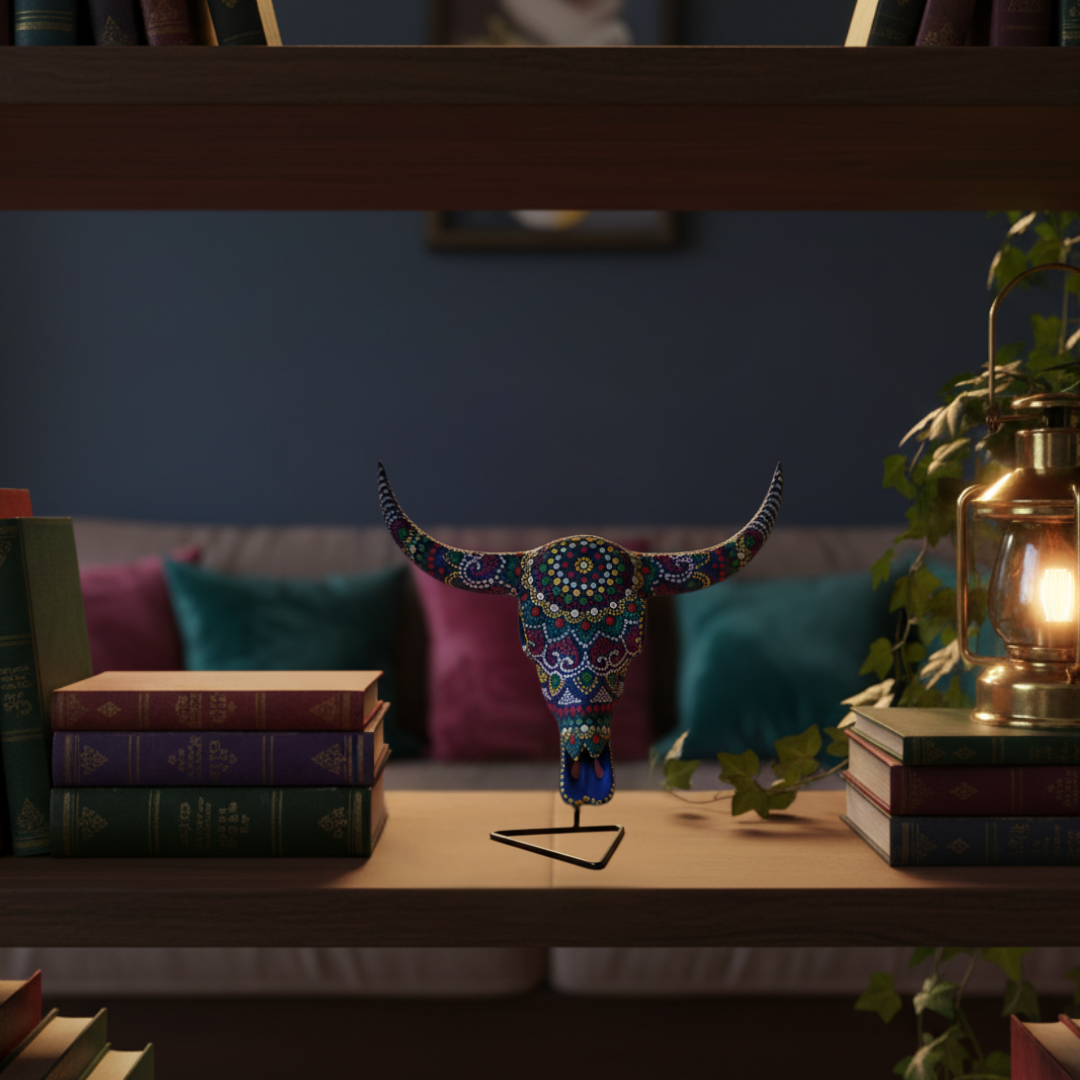 Mystic Mandala Bull Skull – deep blue and purple multicolour dot mandala resin bull skull on black metal stand styled on a dark timber bookshelf in a cosy bohemian reading nook with brass lantern, books and trailing ivy