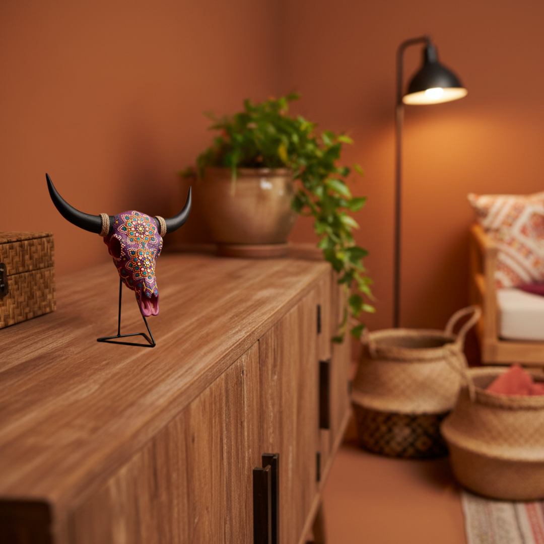 Vivid Tribal Bull Skull on a timber sideboard with terracotta walls, woven textures and trailing plants — those bold colours should really sing in that setting.