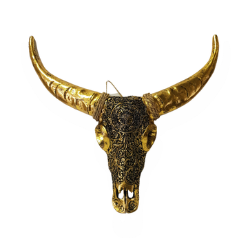 Handcrafted resin bull skull wall art with intricate mandala engraving and metallic gold finish, large gold horns with jute rope hanger, 45×25×10cm — boho luxe wall décor
