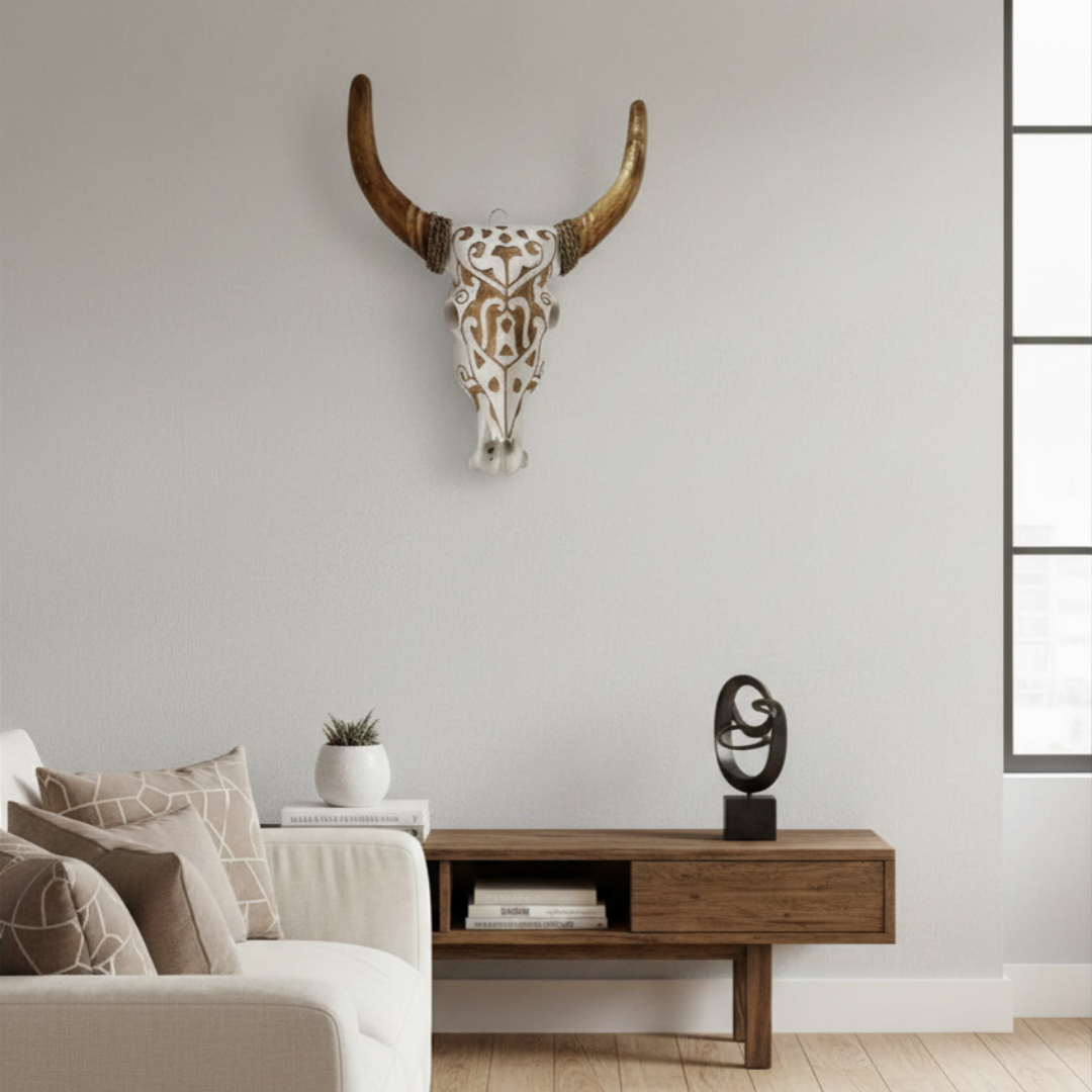 Wooden bull skull piece mounted above a timber console table in a neutral living room