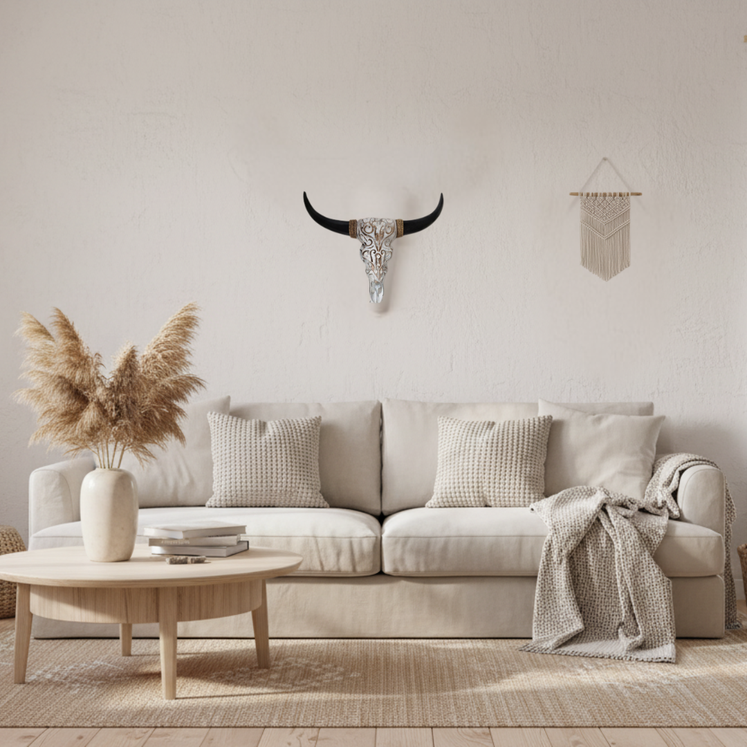 Whitewash floral tribal piece with black horns styled in a bright coastal living room