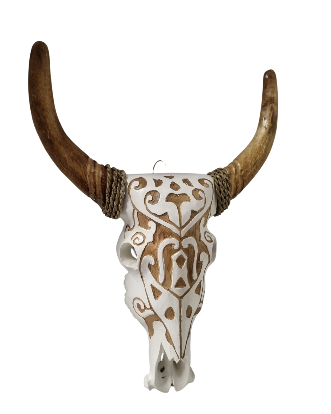 Wooden bull skull wall carving in white-wash finish with intricate boho carved detail and natural horns | Azure Decor