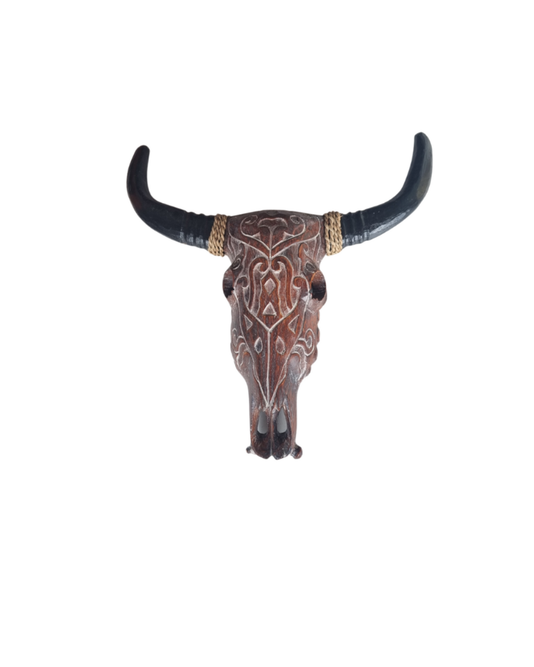 Wooden bull skull wall carving in brown wash finish with hand-carved tribal pattern and dark horns | Azure Decor