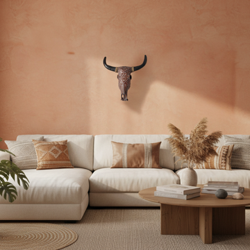 Decorative carved wooden bull skull with tribal patterns and black horns displayed as wall art in a modern boho living room