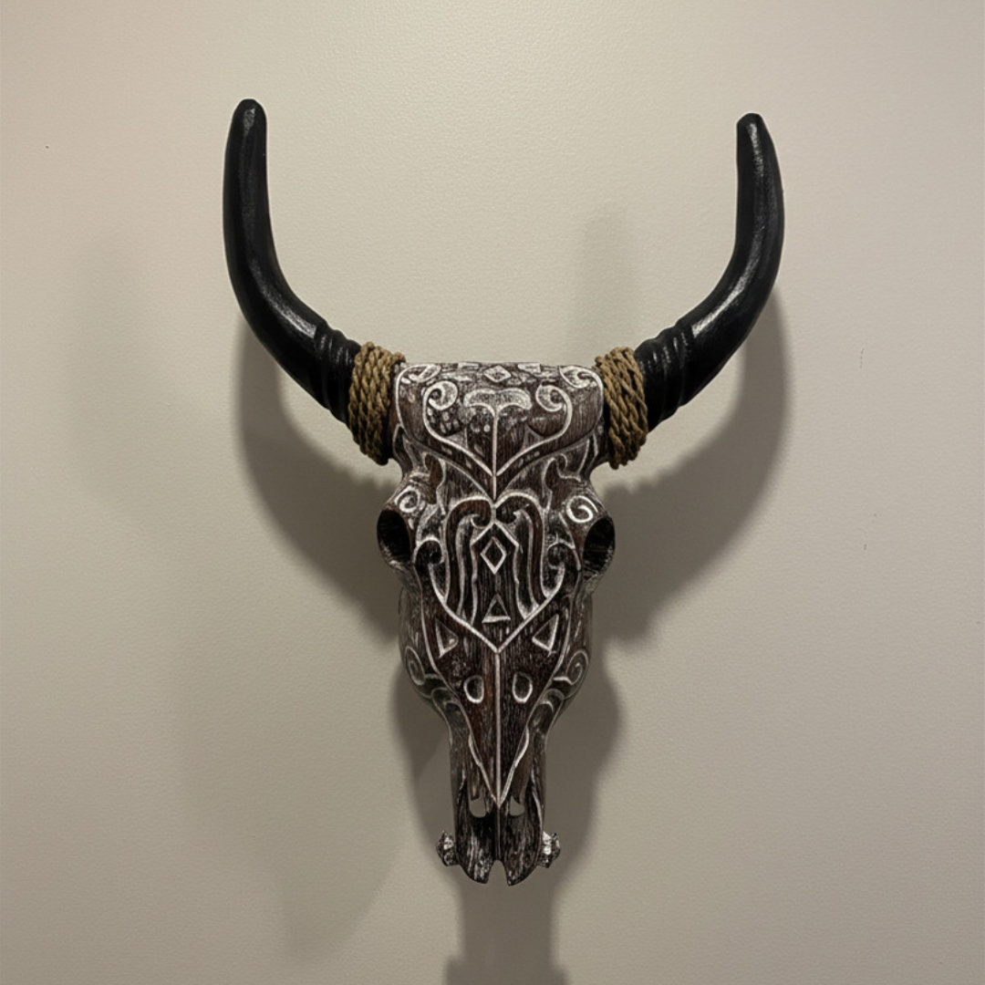 Decorative piece with black horns on a beige background