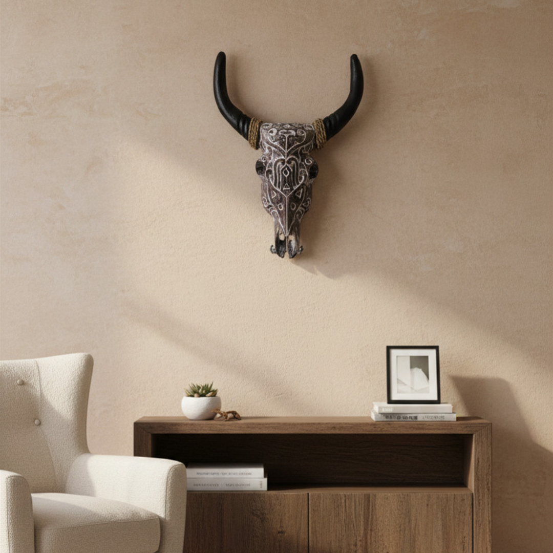 Decorative piece mounted on a beige wall above a timber console table