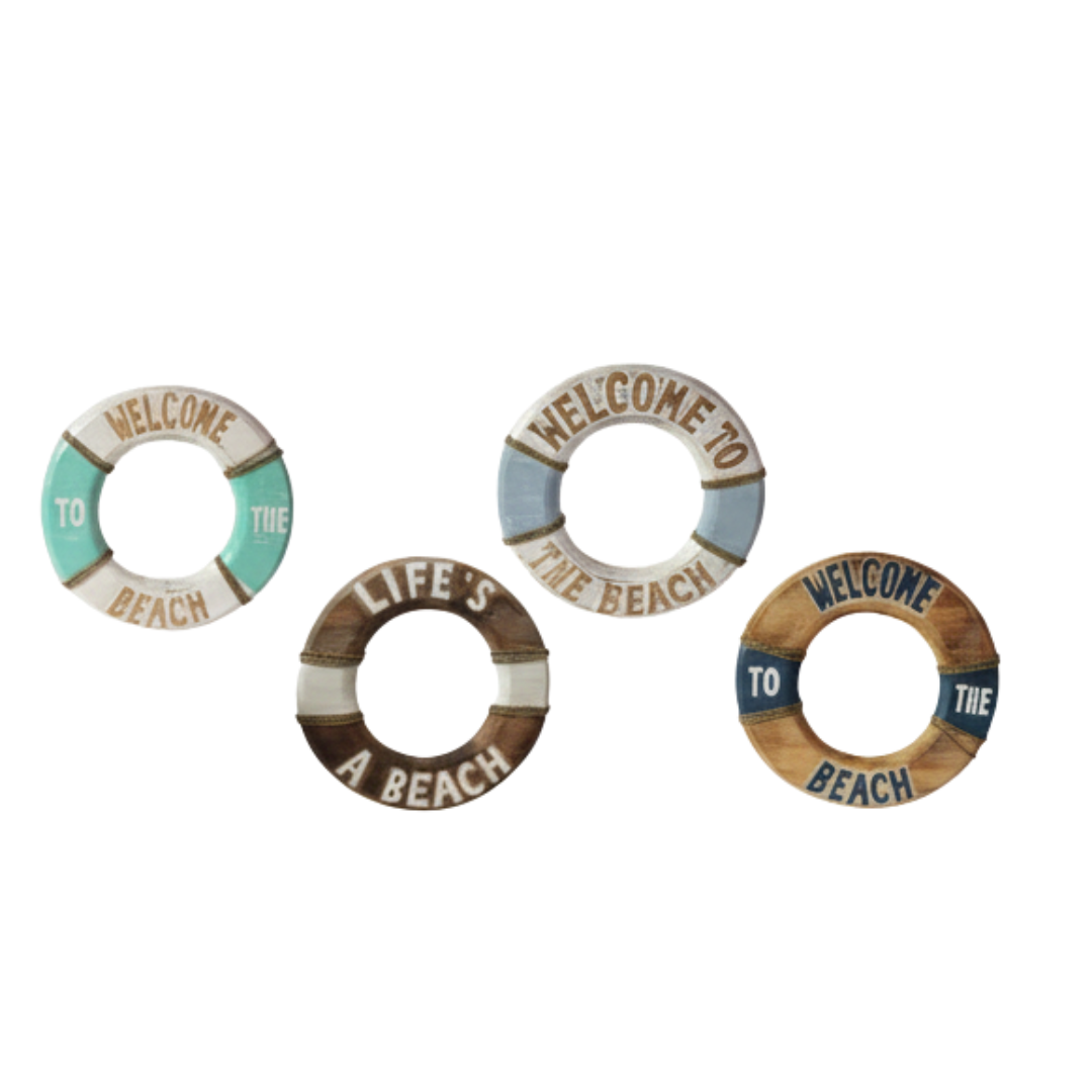 Collection of four circular timber wall signs with carved lettering in Welcome to the Beach and Life's a Beach across four colour options