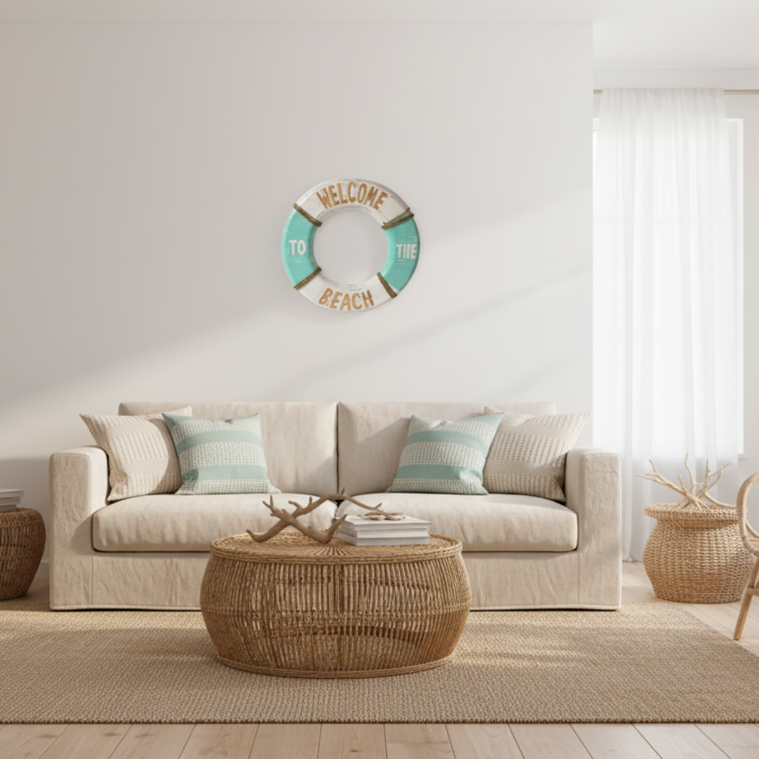 Coastal rustic wall décor buoy wall wooden sign in turquoise and white styled in a bright beach house living room