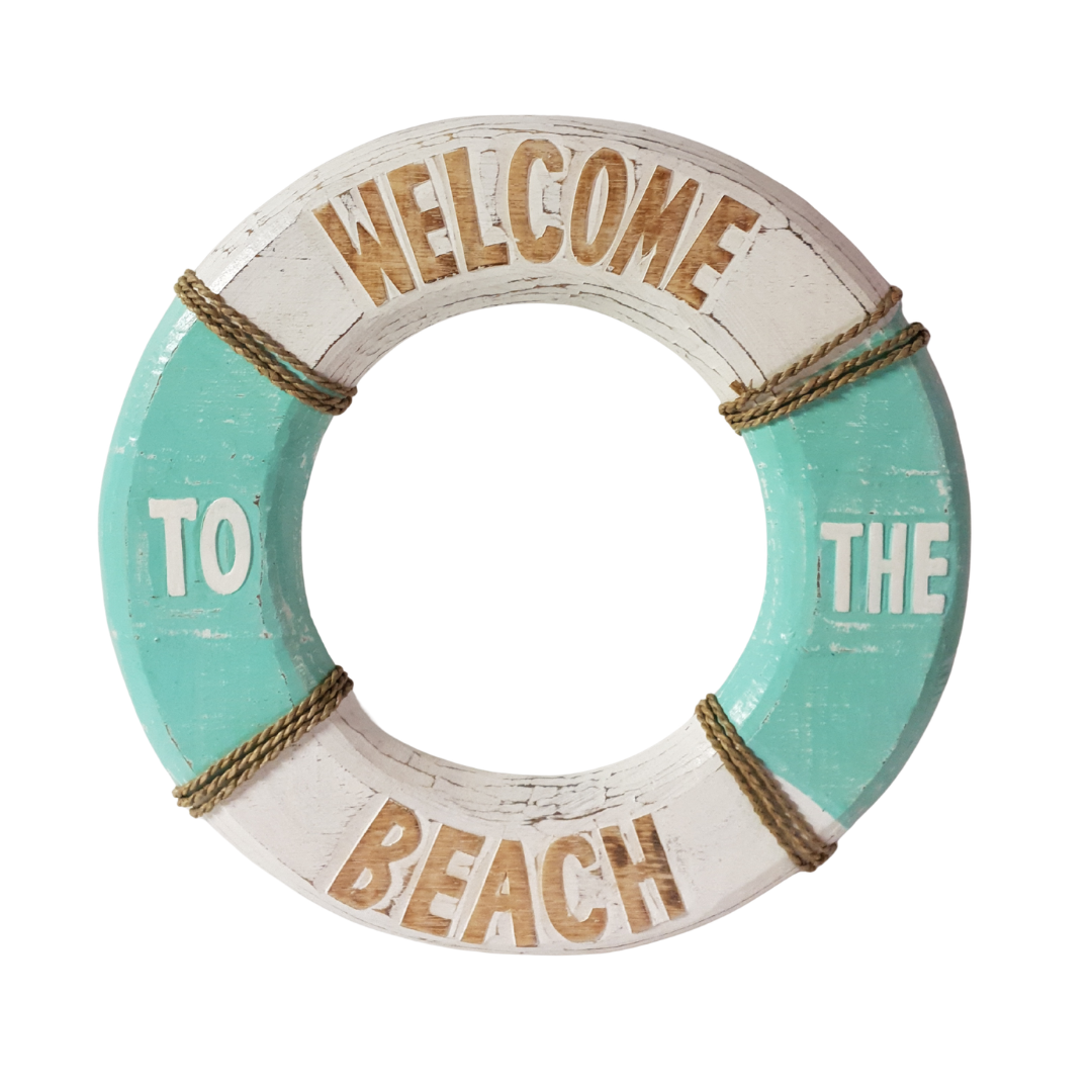 Circular painted wall hanging in turquoise and cream with carved lettering and jute rope accents