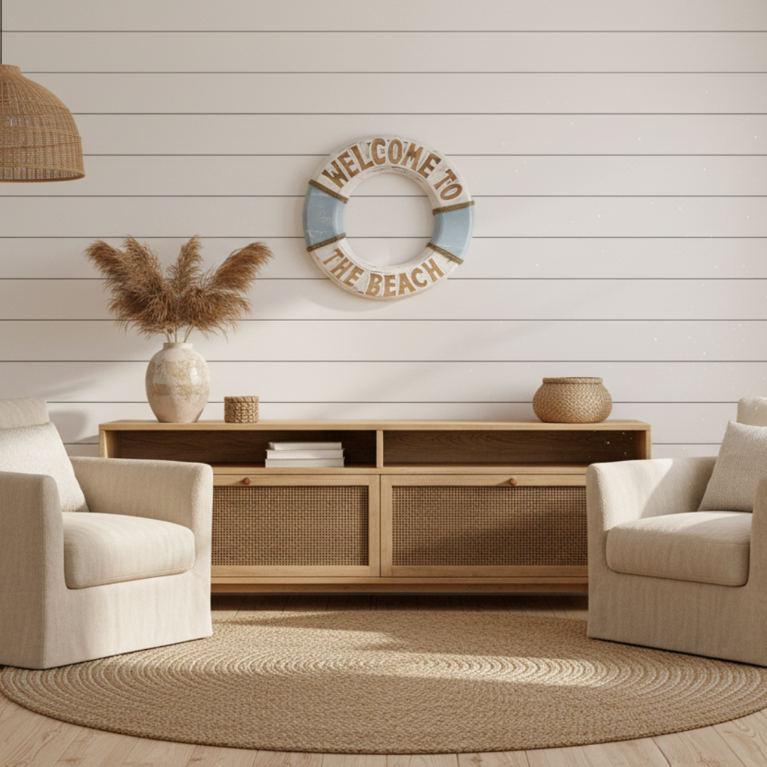 Ring wall hanging in pale blue and white above a sideboard with armchairs on either side