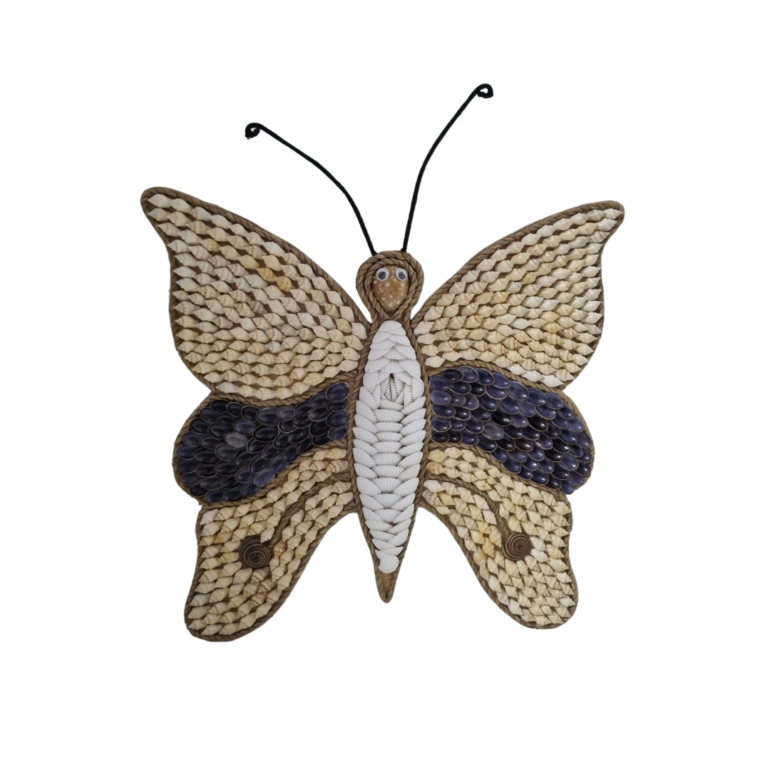 A wall-mounted Butterfly Shell Artwork made from assorted shells, predominantly in shades of brown and white, with a butterfly silhouette in the center. on white wall