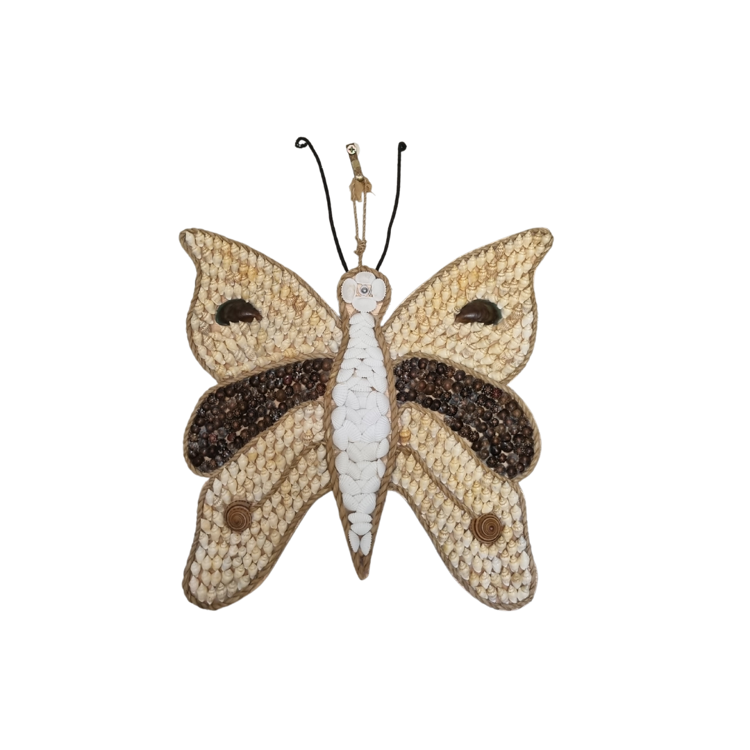 A wall-mounted Butterfly Shell Artwork made from assorted shells, predominantly in shades of brown and white, with a butterfly silhouette in the center.