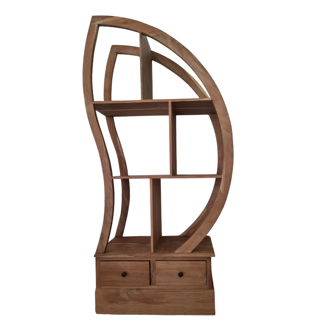 Wooden bookshelf with curved design on a white background