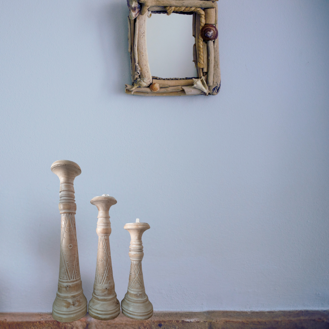 Candle Holders Gold or Natural Lotus Set on a bench 