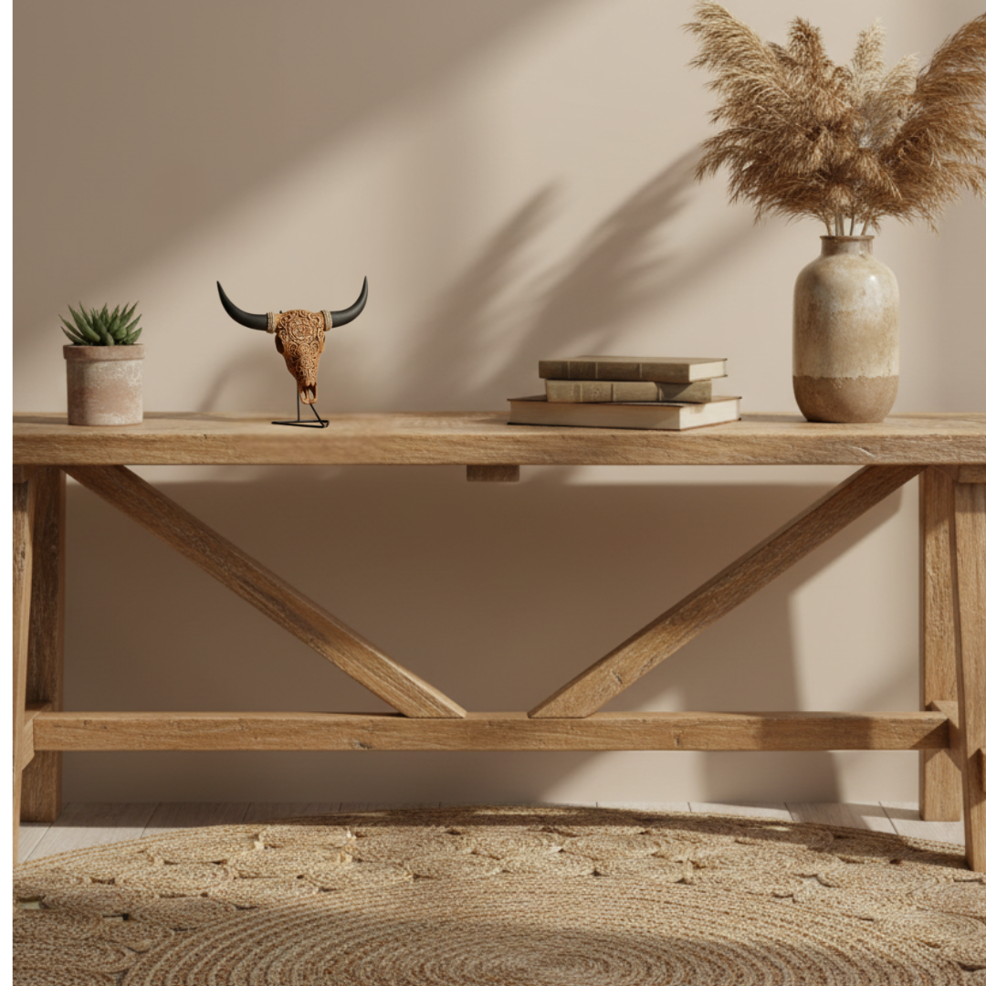 Celestial Flora Skull styled on a wooden console in a warm boho interior, true to its compact size